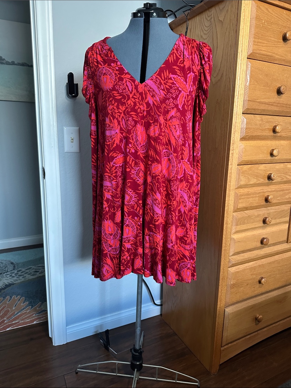 Free People Red and Pink Floral V-Neck Long Sleeve Mini dress or tunic.